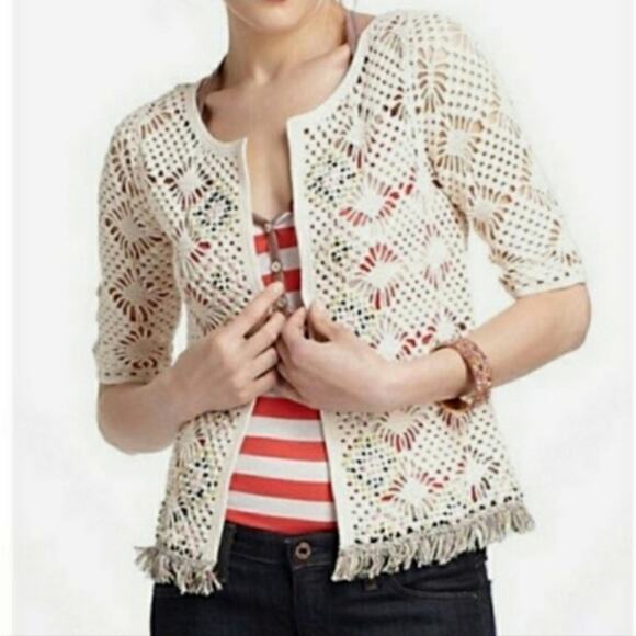 Anthropologie Edie Open Weave Fringe Cardigan - Picture 1 of 7